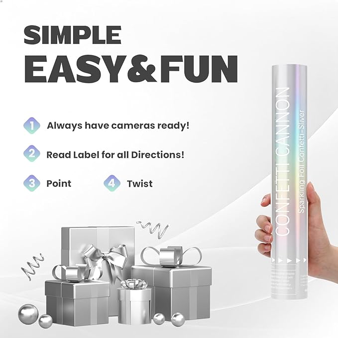 Confetti Cannon 6 Pack Silver Confetti Poppers 12 Inch Streamer Cannon Foil Party Poppers Confetti Shooters Silver Mylar Popper Cannon Bulk for Wedding,Birthday,Graduations New Year Celebration