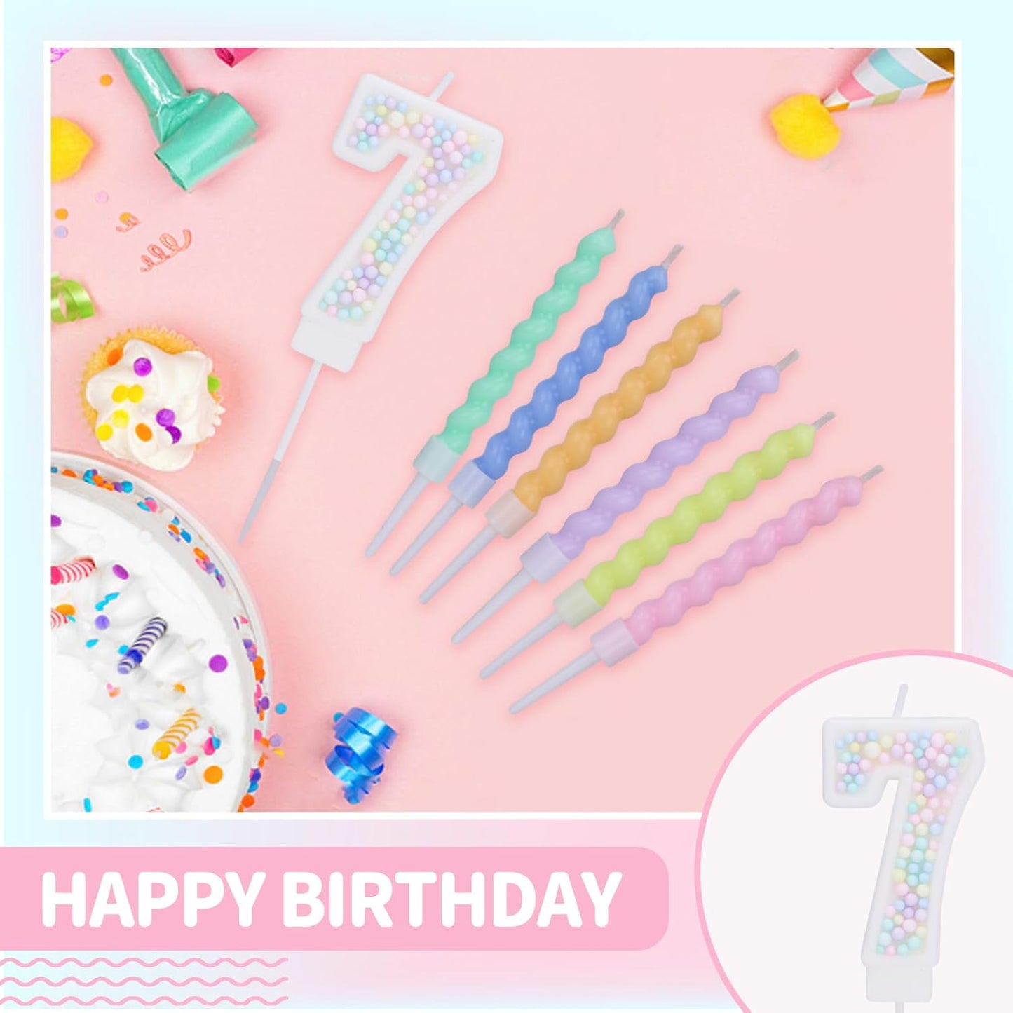Number 7 Birthday Candles for Cake with 18 Pieces Spiral Candles with Macaron Pastel Rainbow Pink Cake Toppers for Girls Happy Birthday Party Decorations
