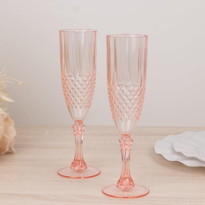 Efavormart 6-Pack Champagne Glasses, 8oz Shatterproof Plastic Crystal Cut Toast Flutes, Transparent Blush for Party Celebration Wedding