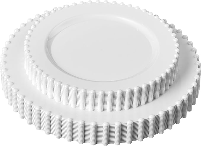 PLASTICPRO 128 Piece Combo Plastic Dinner Plates Disposable Plastic Fancy Heavy Duty Party Dishes 7 inch and 10 inch, White Beaded