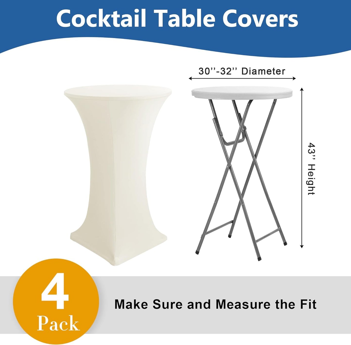 Cocktail Table Covers-Spandex Round High Top Table Cloths 4 Pack 32x43 Inch-Cream Stretch Fitted Bar Tall Tablecloth for Pub Bistro Highboy Party Event Banquet Height Folding Satnding Tables