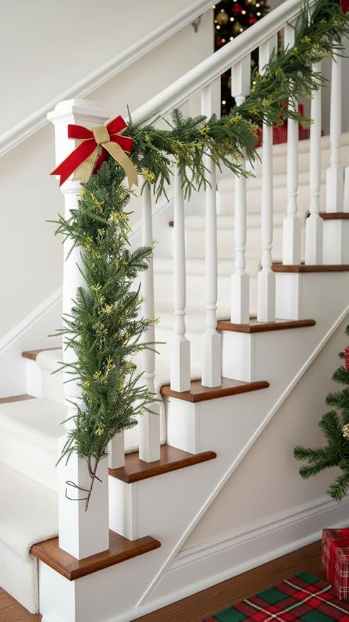 9ft Handmade Christmas Garland,Artificial Cypress Cedar Pine Needles Greenery Seasonal Garland for Christmas Fireplace Winter Holiday Indoor Outdoor Decoration