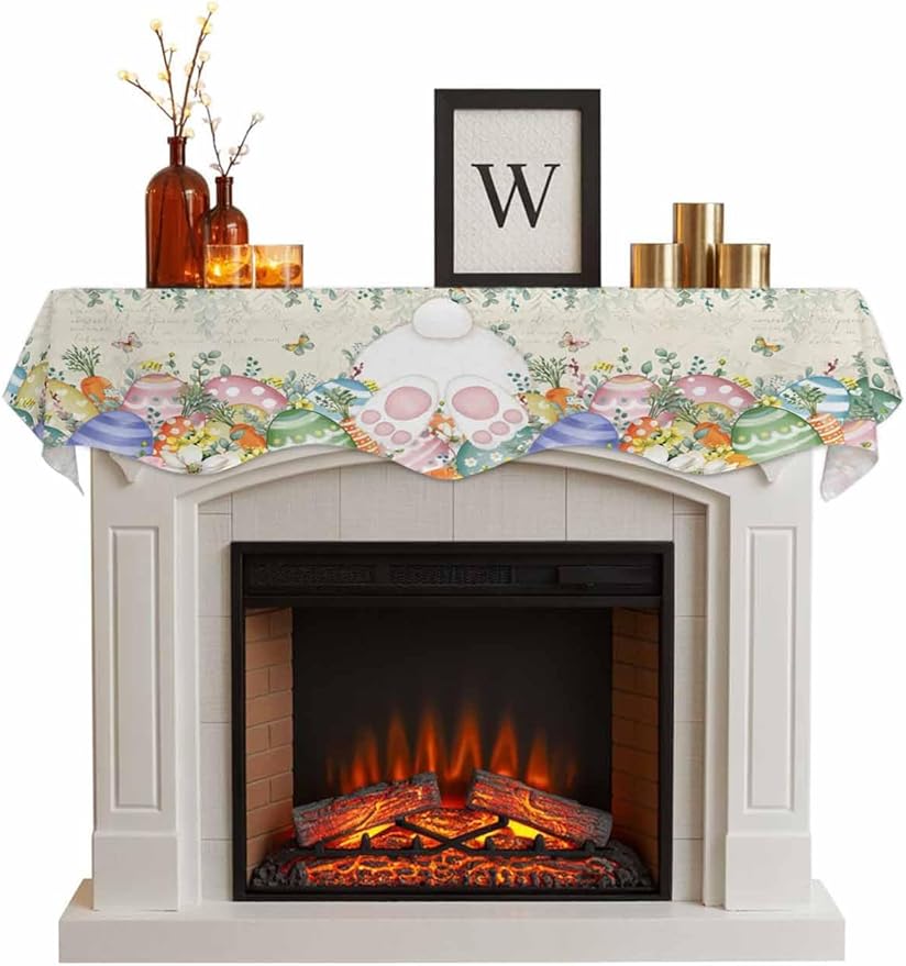Cute Easter Bunny Fireplace Mantel Scarf Table Runner, Eucalyptus Leaves Colorful Eggs Beige Winter Garland Mantel Top Tablerunners Dresser Scarves Cover for Windows Party Living Room 90''x17''