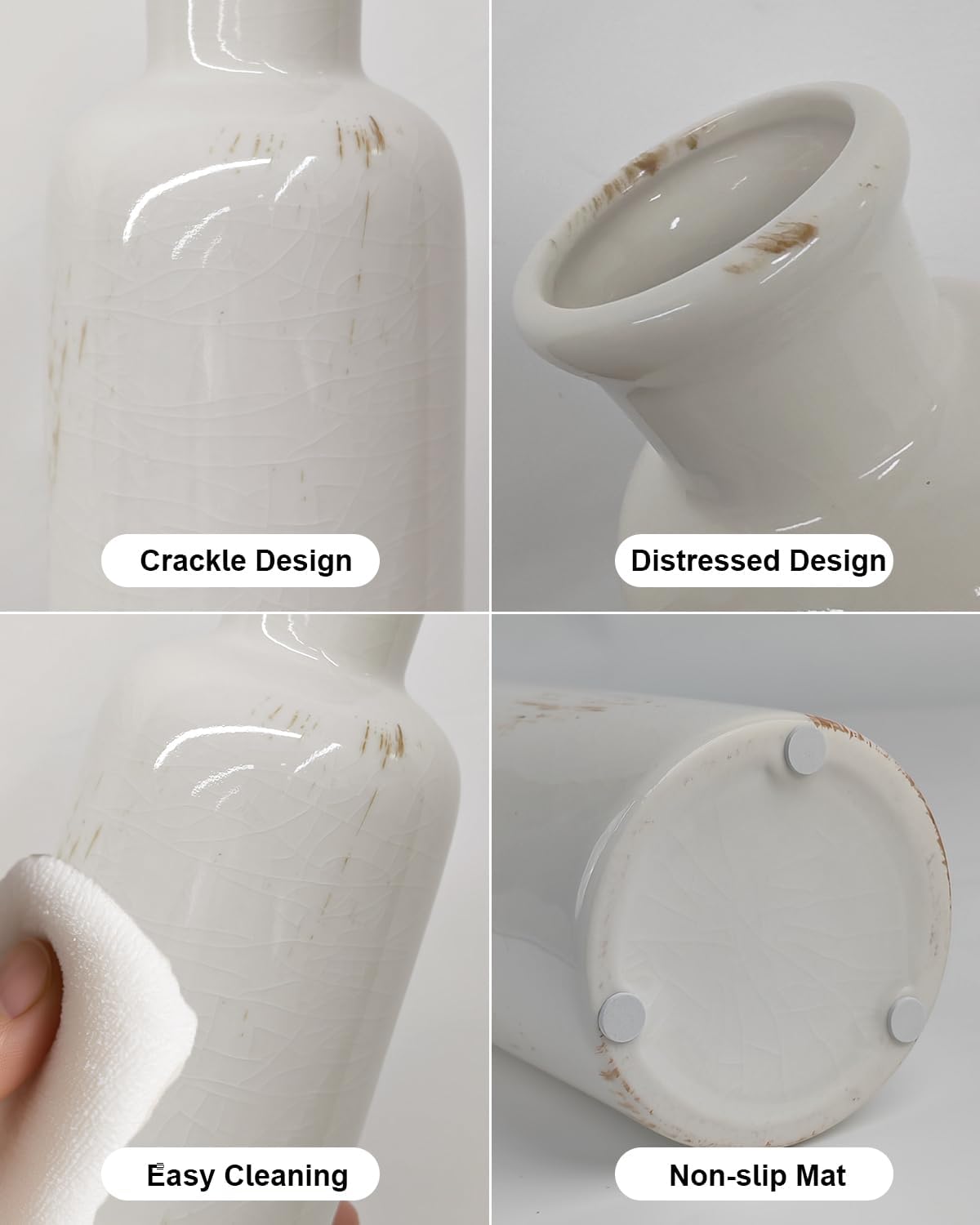 White Ceramic Vase Set of 3 - Crackle Glaze Bottle Vases for Rustic Farmhouse Table Centerpiece, Shelf & Mantel Decor