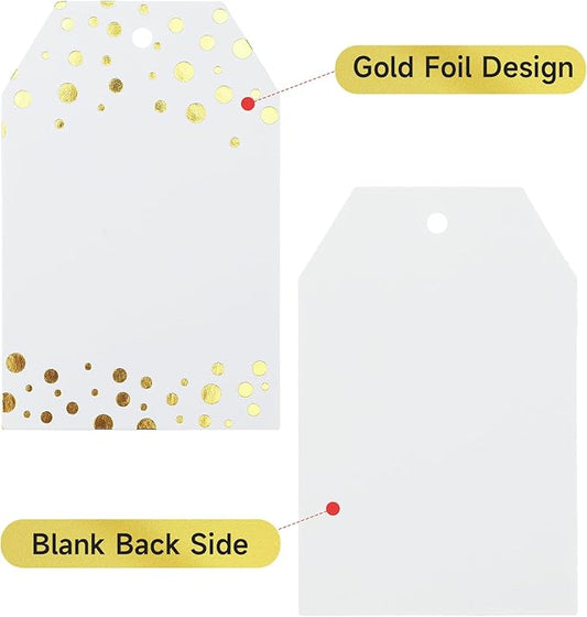 Anwyll Gift Tags with String - 100Pcs Gold Foil Metallic Confetti Polka Dot Gift Bag Tags Personalized White Blank Hang Paper Label Tag for Birthday Party Bridal Shower Wedding Christmas Favor Present