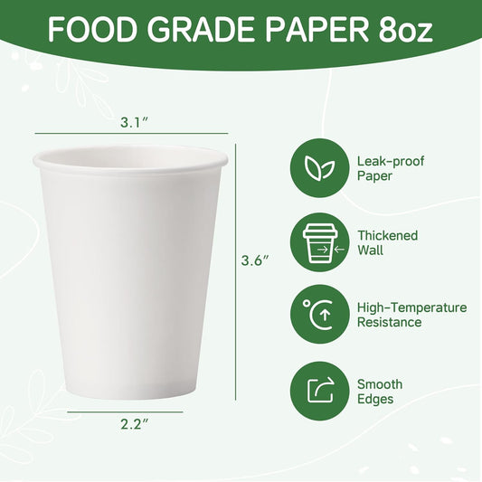 8 oz Coffee Cups 100 Pack, Disposable Paper Cups 8 oz, White Coffee Cups, Hot Beverage Drinking Cups, Suitable for Party, Picnic, Travel, and Events