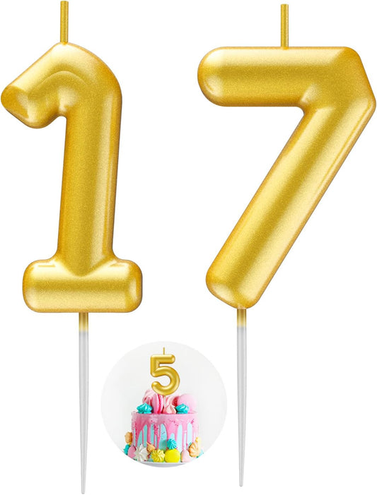 Gold Number 17 Candle Happy Birthday 3D Number Candles for Birthday Cake Party Decoration Wedding Anniversary Celebration Supplies