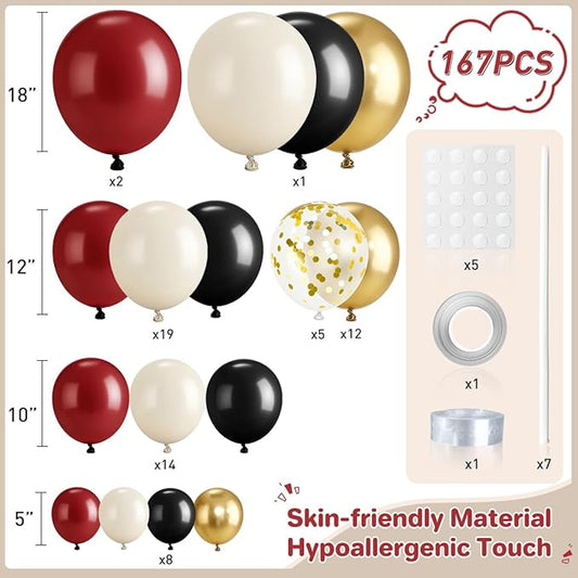 Burgundy Black White Gold Balloon Garland Arch Kit, 167Pcs Latex Maroon Balloons Different Sizes 18 12 10 5 inch for Birthday Graduation Wedding Anniversary Party Decoration