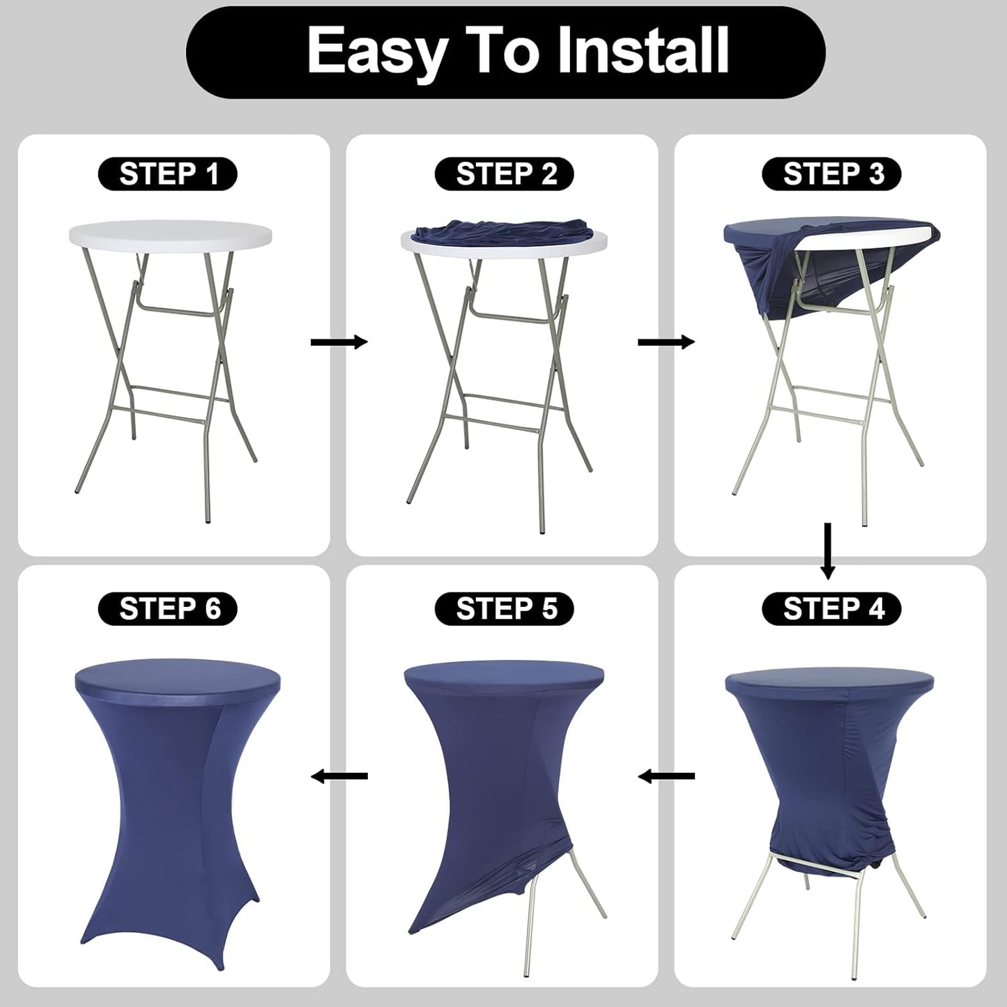 FestiCorp 6 Pack Spandex Cocktail Table Covers Fitted Clothes, Elastic Round Table Cover, Stretch Tablecloth for Party, Bar, Wedding, Birthday, Banquet, Navy, 30"-32" Diameter x 40"-43" Height