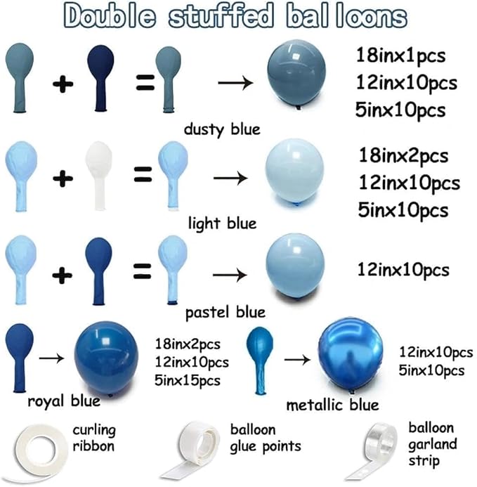 Dusty Blue Balloon Arch Double Stuffed Light Dark Blue Balloons Different Size Blueberry Balloon Garland Kit for Baby Shower Birthday Wedding Bridal Christmas New Year Party Decorations