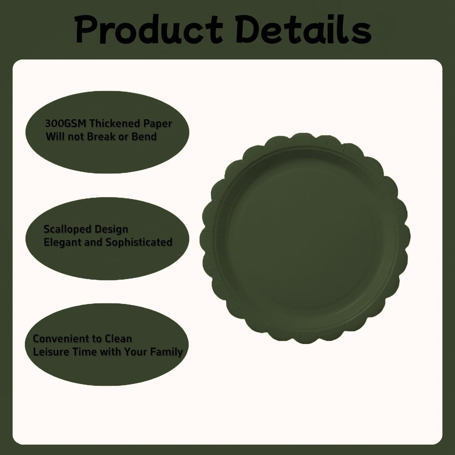 BEFORYOU 50PCS Scalloped Disposable Paper Plates 9IN Dessert Cake Party Plates for Baby Shower, Wedding,Bridal Shower Birthday Party Supplies (Olive-Green, 9IN)
