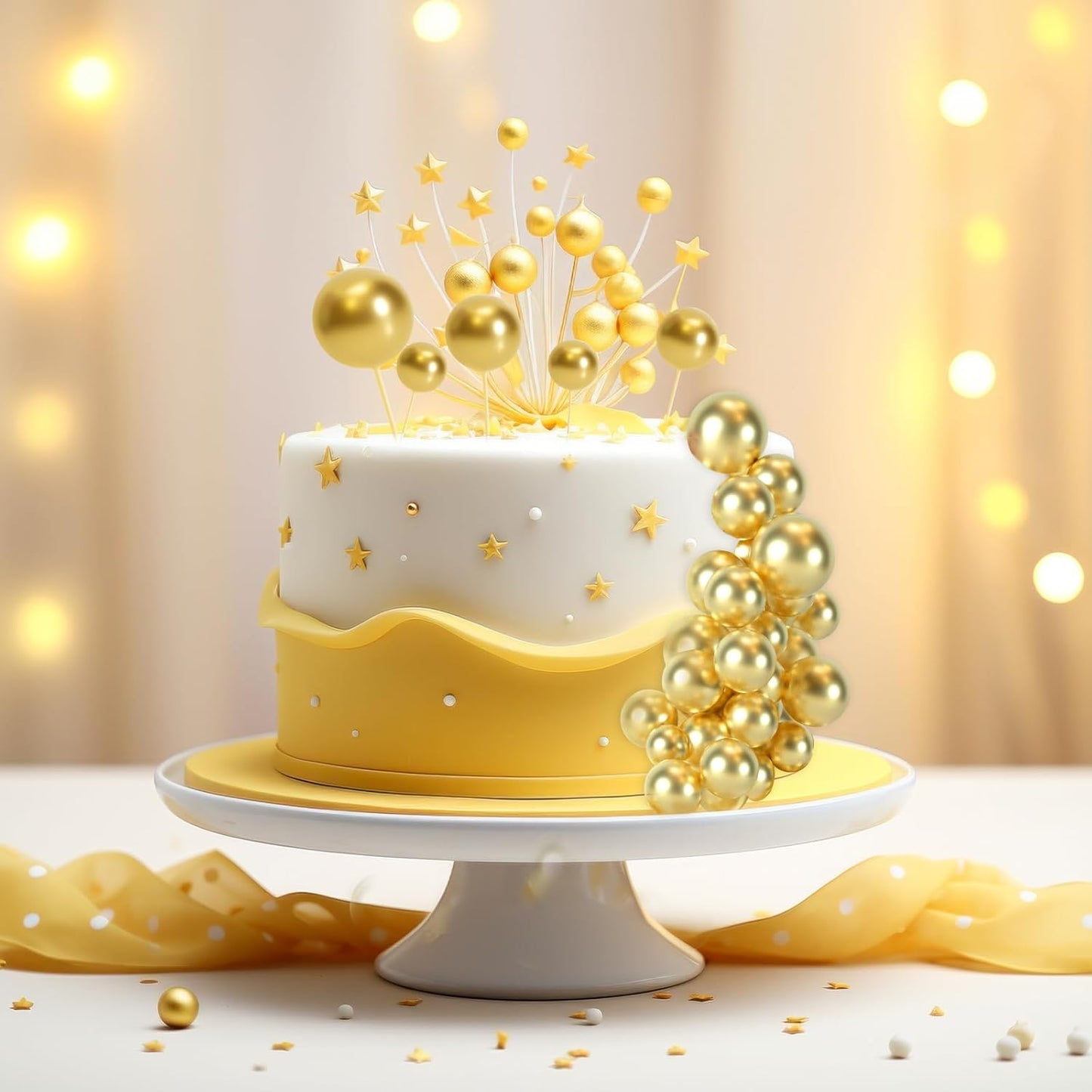 48 Pcs Gold Balls Cake Topper Decorations Balloon Cupcake Toppers Foam Cake Topper Balls Cake Balls Decorations for Birthday Party Wedding Anniversary Cake Decorating