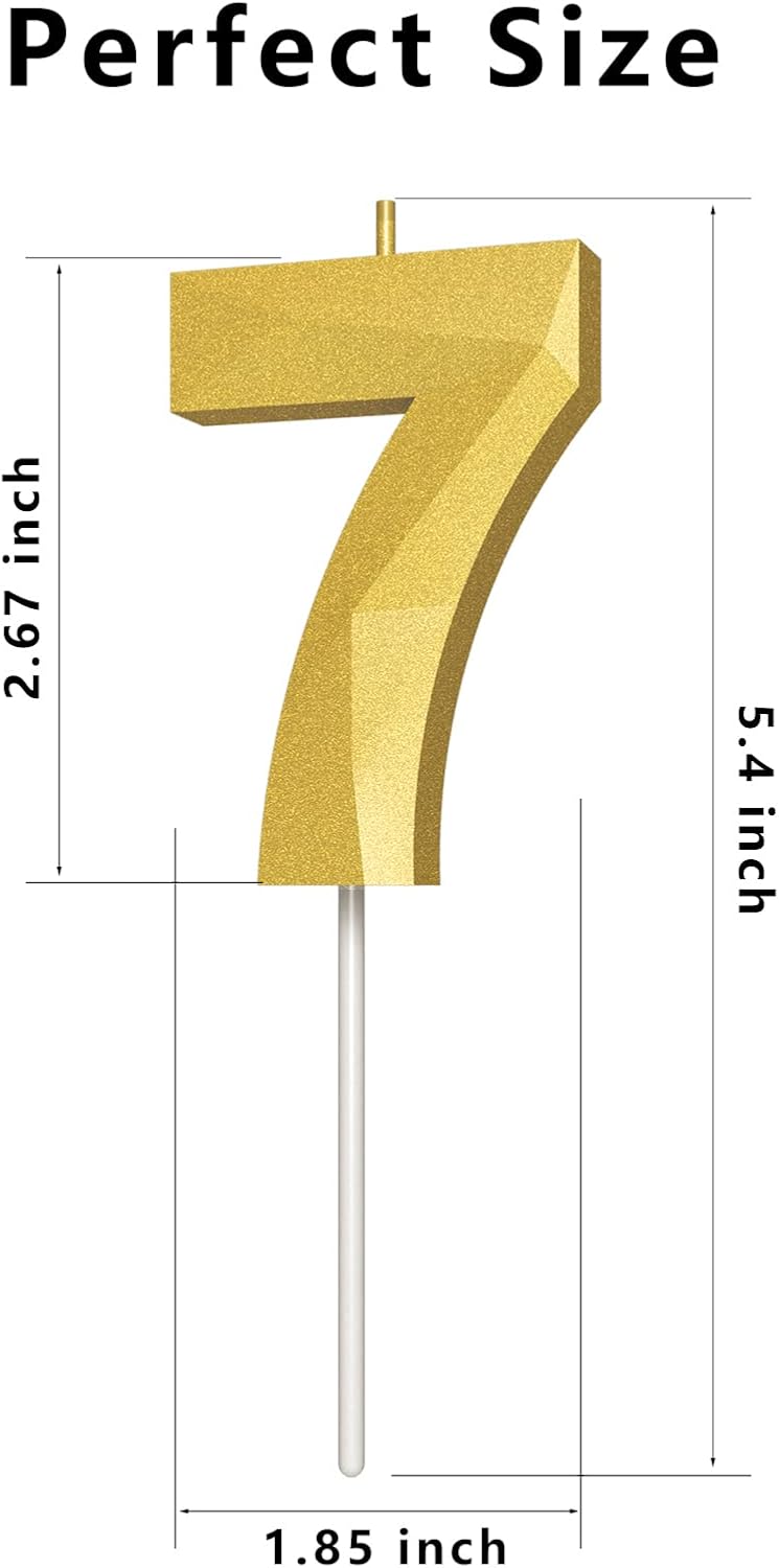 Number Birthday Candles(7 Candle Gold) 3D Diamond Shape Number Happy Birthday Cake Candles for Birthday Party Wedding Decoration Reunions Theme Party