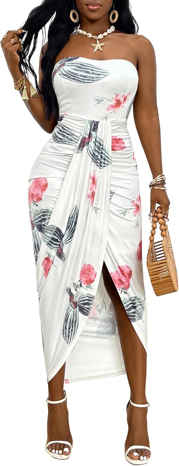 Umenlele Women's Strapless Ruched High Waist Wrap Split Asymmetrical Beach Maxi Long Dress