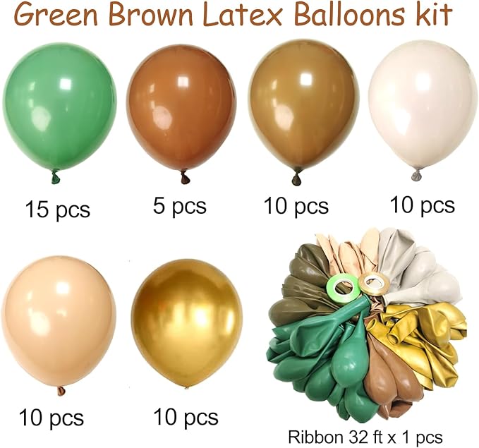 Green and Brown Balloons Set, 60 Pcs 12 Inch green brown balloons Jungle Safari Woodland Forest Balloon Metallic Gold Cream Brown Olive Green Coffee Blush Balloon for Baby Shower Birthday Decorations