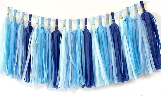 Tissue Paper Tassels Paper Tassels Garland Banner Table Decor Party Tassels Banner Wedding Birthday Baby Shower Nursey Party Decorations Supplies (20, Lt-Blue+Blue+Sky Blue+Royal Blue)