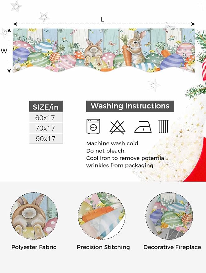 Easter Fireplace Mantel Scarf Table Runner, Spring Rabbit Eucalyptus Leaves Eggs Wooden Winter Garland Mantel Top Tablerunners Dresser Scarves Cover Decorations for Windows Party Living Room 60''x17''