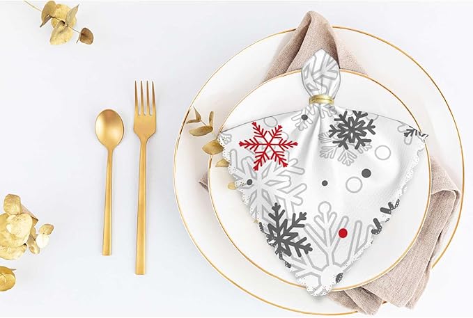 Christmas Snow Napkins Cloth Washable Set of 4 Snowflakes Red Gray Polyester Kitchen Dinner Napkins for Holiday Festive Wedding Decor 18 x 18 inch
