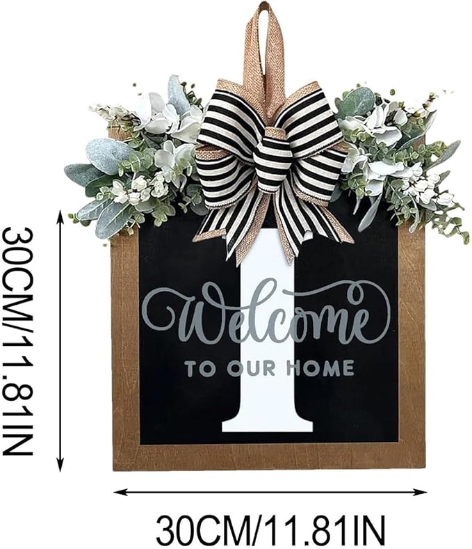 Last Name Year Round Front Door Wreath Front Porch Decoration 26 Letter Welcome Sign with Eucalyptus Garland and Bow Spring Wreaths for Front Door Outside Hanger Garland（I）