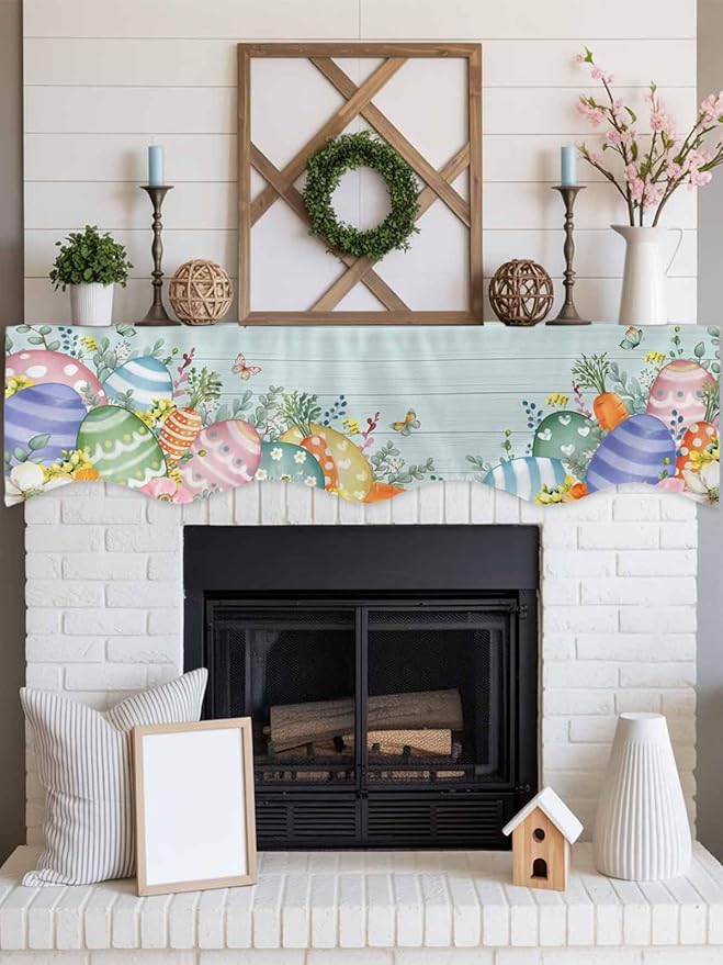 Easter Eggs Fireplace Mantel Scarf Table Runner, Spring Botanical Flowers Eucalyptus Leaf Wood Winter Garland Mantel Top Tablerunners Dresser Scarves Cover for Windows Party Living Room 60''x17''