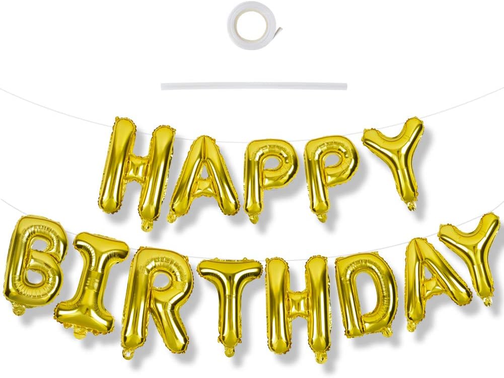 TONIFUL 3D Gold Happy Birthday Balloons Banner with Ribbon Straw, 16 Inch Mylar Foil Letters Birthday Sign Banner Balloon Bunting Reusable for Girls Boys Kids & Adults Birthday Halloween Supplies
