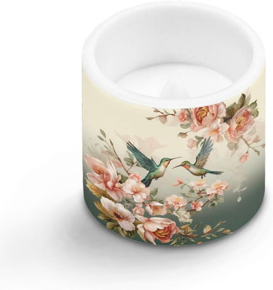 Poceacles Flameless LED Candles Set of 4 Battery Operated Candles with Remote and Timer, Realistic Flickering Tealights for Indoor Outdoor Decor, Hummingbird Floral Pattern