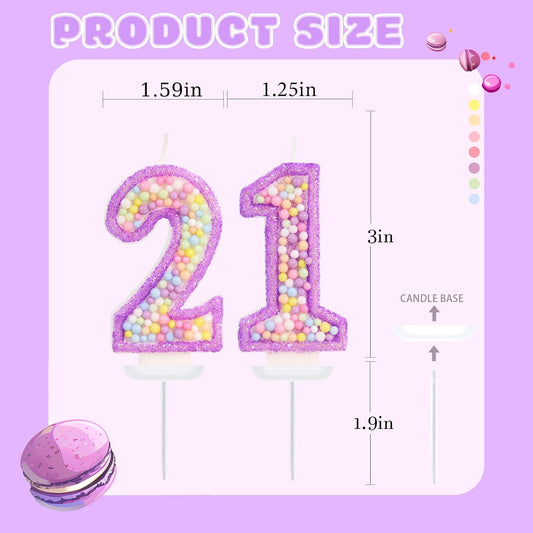 Purple Birthday Candles - Number 21 Candle, Colorful Macaron Candles, 21 Birthday Decorations for Girls, Purple Cake Decorations, Theme Party Supplies