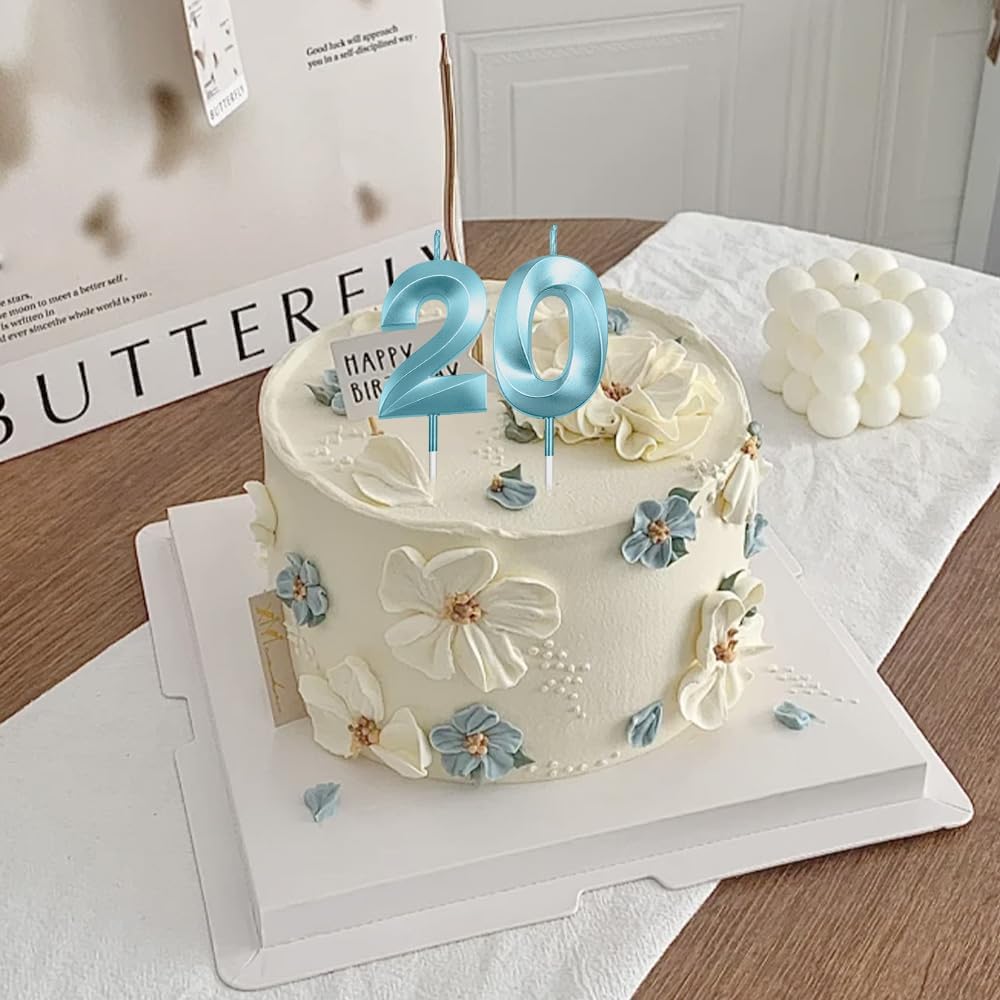 20th Birthday Cake Topper, Blue 20 Birthday Candle, 2 0 Candles 20th Birthday Cupcake Party Favor Happy Birthday Party Decorations Birthday Candle for Cake Sparklers Birthday Gifts
