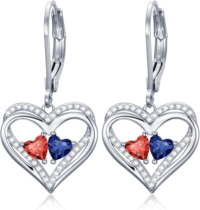 Valentines Day Gifts for Women, Heart Leverback Earrings Double Birthstone Dangle Earrings for Women, Love Jewelry for Her, Anniversary Birthday Gift for Mom Wife Girlfriend