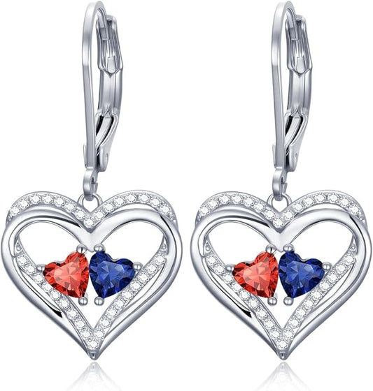 Valentines Day Gifts for Women, Heart Leverback Earrings Double Birthstone Dangle Earrings for Women, Love Jewelry for Her, Anniversary Birthday Gift for Mom Wife Girlfriend