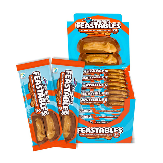 Feastables MrBeast Peanut Butter Cups, Milk Chocolate & Creamy Peanut Butter Filling, Cups for Adults & Kids, Chocolate Candy for Snacks, Gifts, or Dessert, Made With Fairtrade Cocoa, 2 Pack, 24 Count