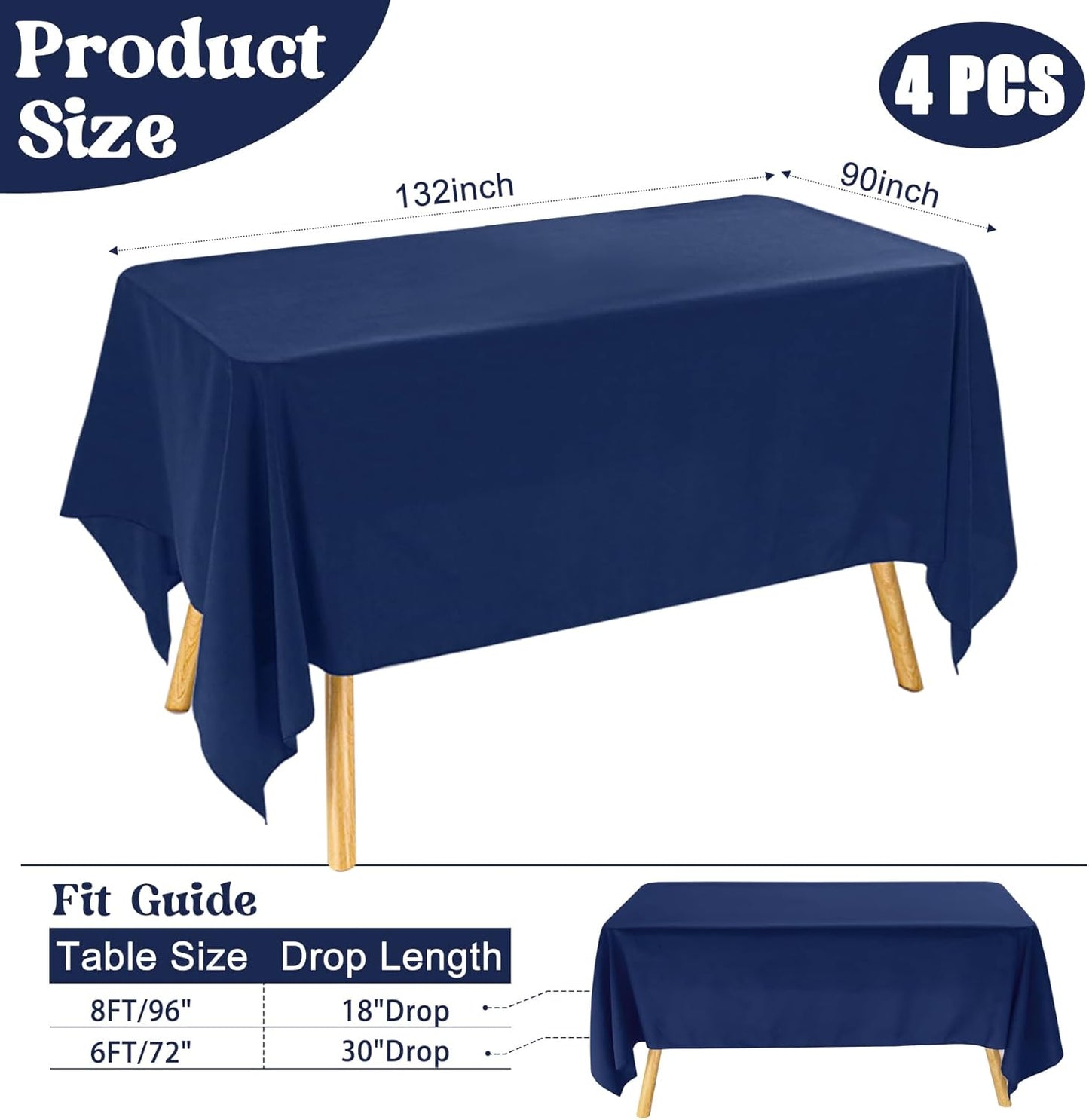4 Pack Rectangle Tablecloth 90x132Inch Navy Blue Washable Polyester Table Cover for Wedding Dining Table Buffet Parties Banquet Decoration（Navy Blue）
