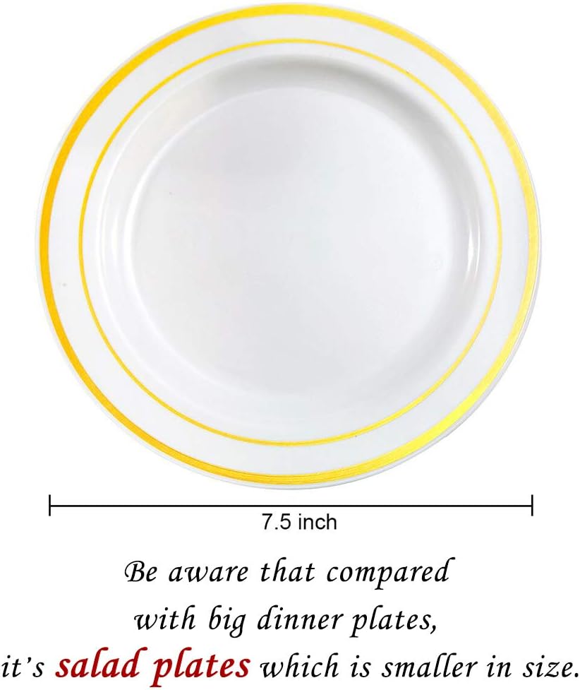 bUCLA 100Pieces Gold Plastic Plates -7.5inch White and Gold Disposable Salad/Dessert Plates - Ideal for Weddings, Party & Thanksgiving