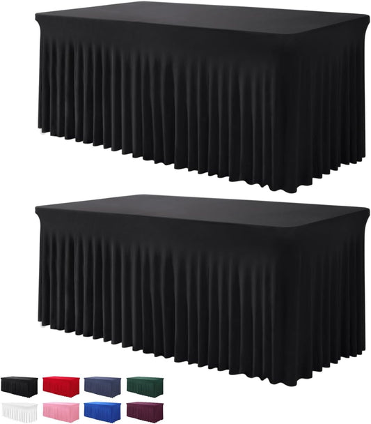 Table Skirt for 4 Foot Tables - 2 Pack One-Piece Black Tablecloths and Skirt, Wrinkle Resistant Ruffles Elastic Cover for Banquets, Weddings, Events, Parties