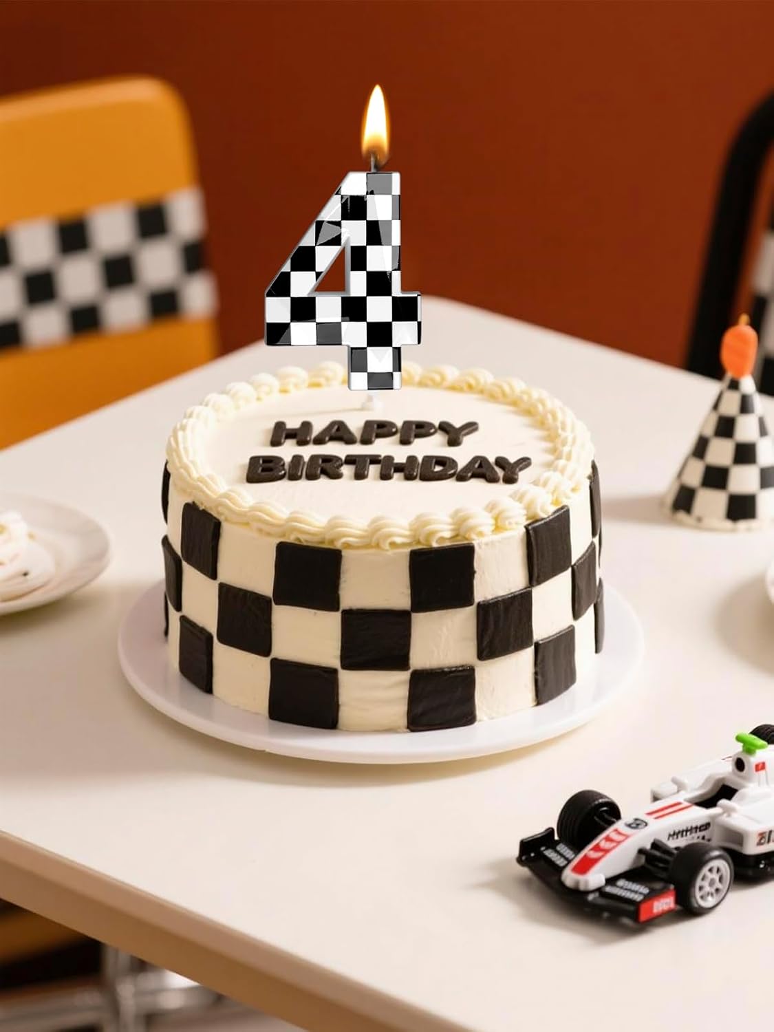 Number 4 Racing Cars Birthday Candles,2.68 Inch Black White Checkered Birthday Number Candles, Cool Racing Themed Number Candles for Boys and Girls, Kids Race Car Themed Party Decorations Supplies