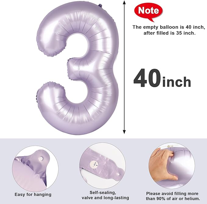 Numbers Balloon 3, 40 Inch Large Cream Purple Balloon for Three Year Old Birthday Decor, 3 13 30 31 Birthday Party Decorations for Wedding Supplies