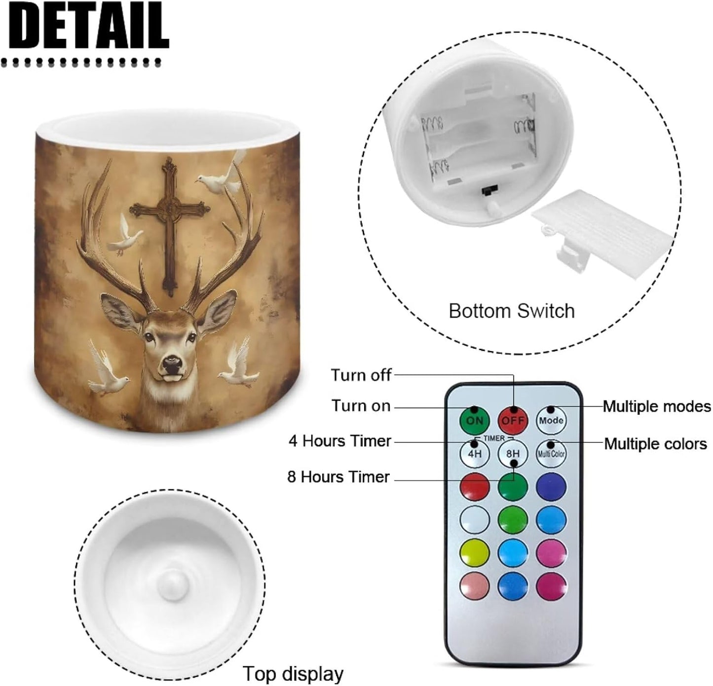Poceacles Flameless LED Candles 4 Pack with Remote Control, Battery-Powered, Flickering Effect, with 12 Color Changing, Realistic LED Pillar Candles for Home Decor, Deer Cross Dove of Peace Retro