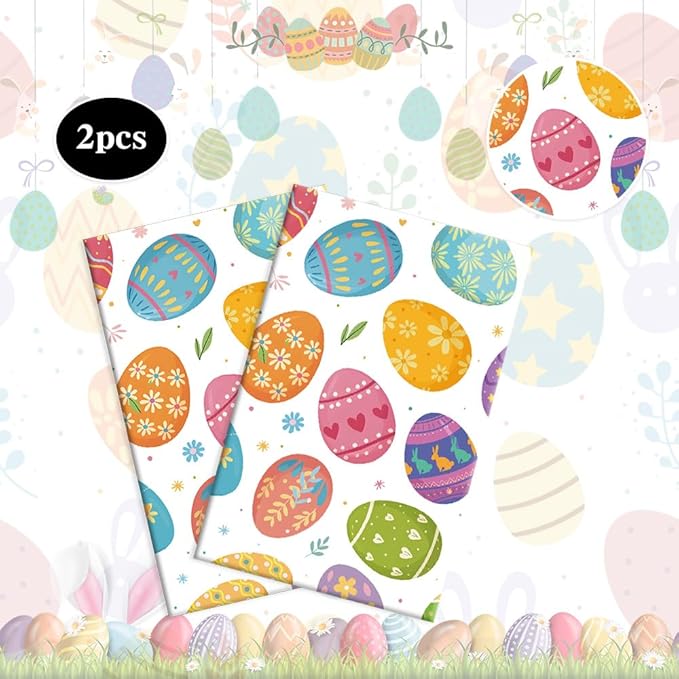 2 PCS Easter Tablecloths(54x108 Inch) Disposable Plastic Easter Eggs Tablecloth Spring Table Cloth Cover Holiday Party Favors Supplies Decorations Home Dinner Kitchen Table Decor Backdrop Photo Props