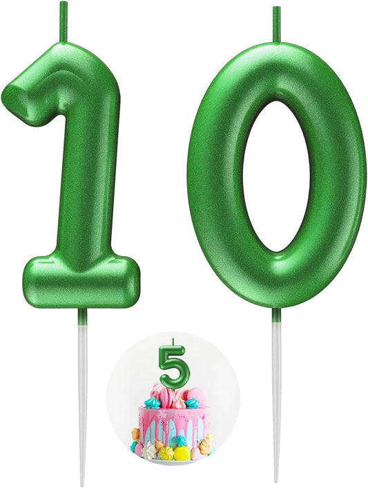 Green Number 10 Candle Happy Birthday 3D Number Candles for Birthday Cake Party Decoration Wedding Anniversary Celebration Supplies