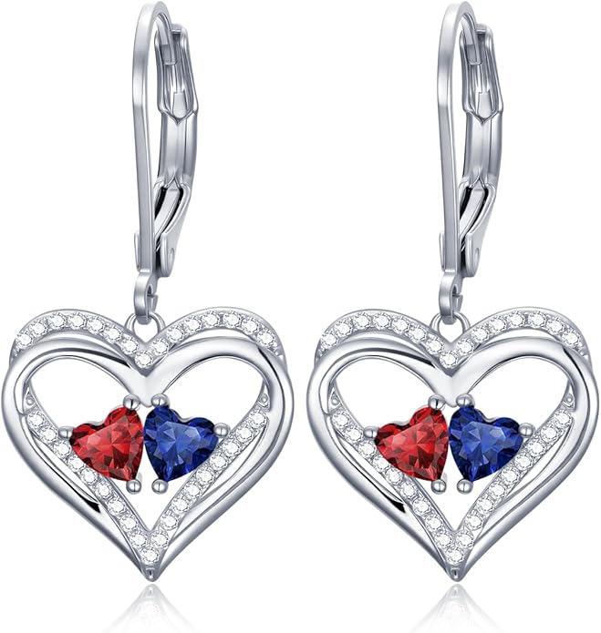 Valentines Day Gifts for Women, Heart Leverback Earrings Double Birthstone Dangle Earrings for Women, Love Jewelry for Her, Anniversary Birthday Gift for Mom Wife Girlfriend
