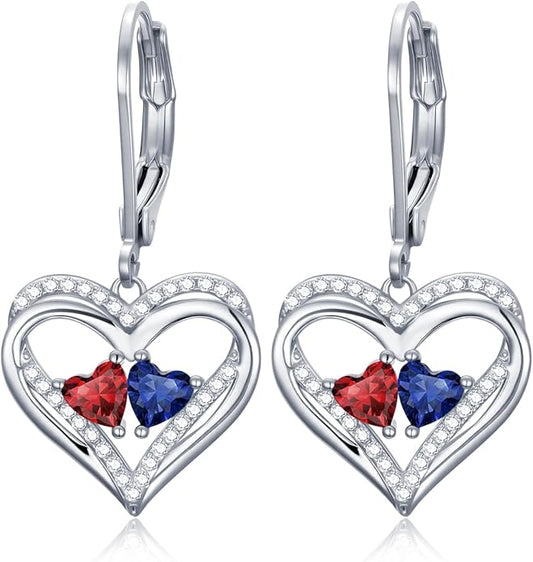 Valentines Day Gifts for Women, Heart Leverback Earrings Double Birthstone Dangle Earrings for Women, Love Jewelry for Her, Anniversary Birthday Gift for Mom Wife Girlfriend