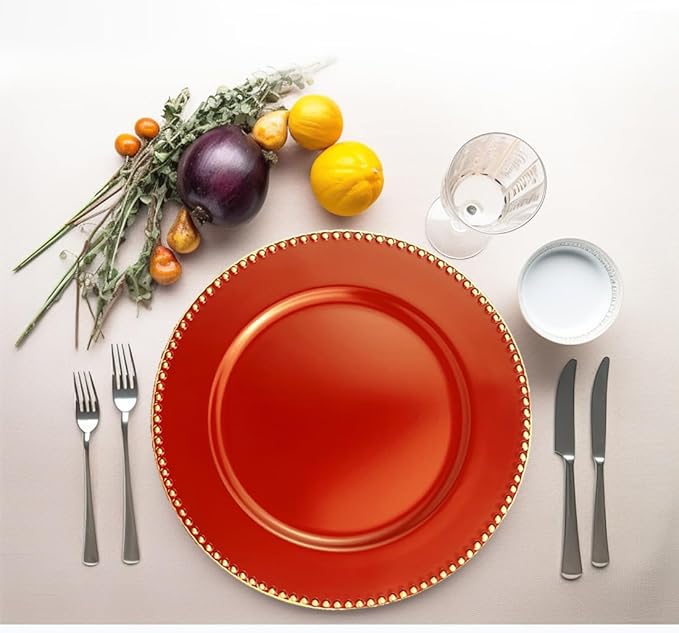 Red Charger Plates with Beaded Rim, 13" Round Charger for Dinner Plates, Set of 6 Plastic Plate Chargers for Wedding, Thanksgivng, Christmas.