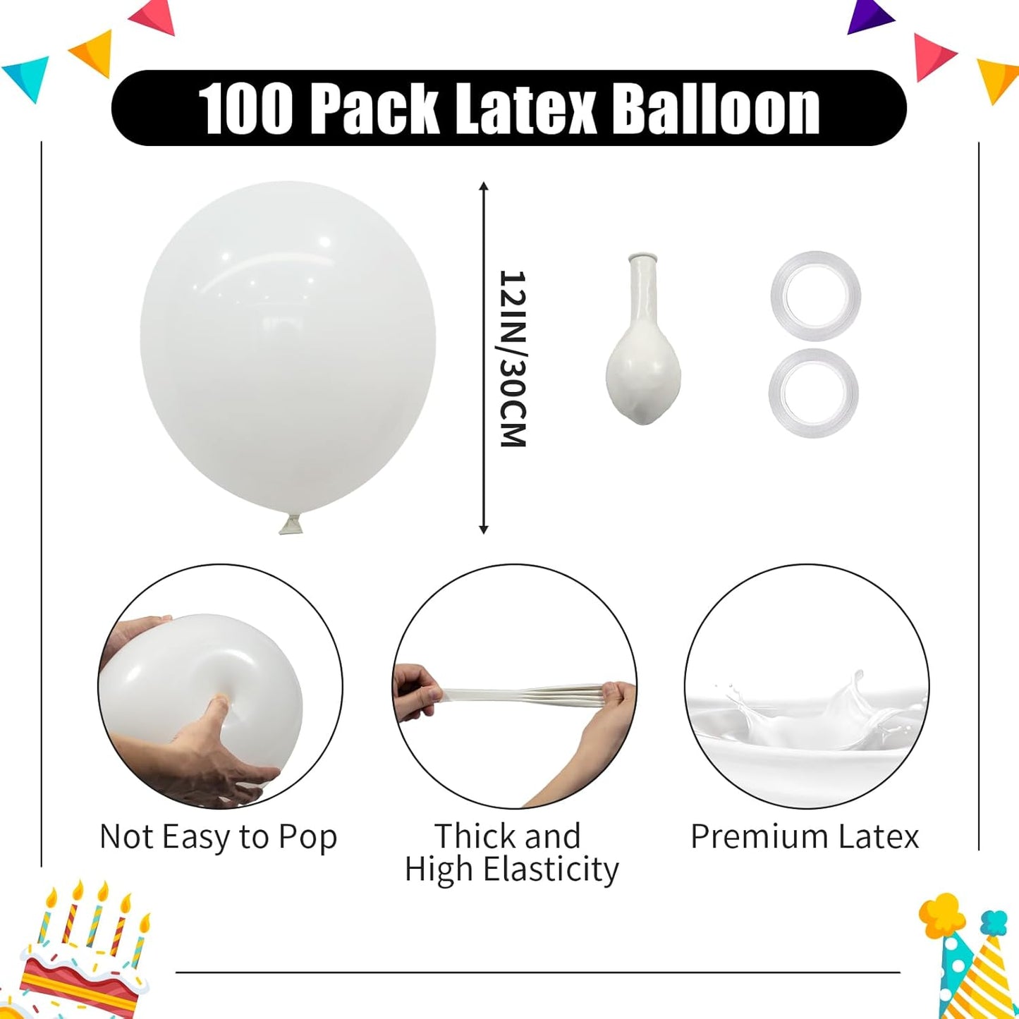 White Balloons - 12 inch 100pcs Latex - Round White Birthday Balloons with 2 Ribbons for Birthday Party, Wedding, Anniversary, Baby Shower Decorations