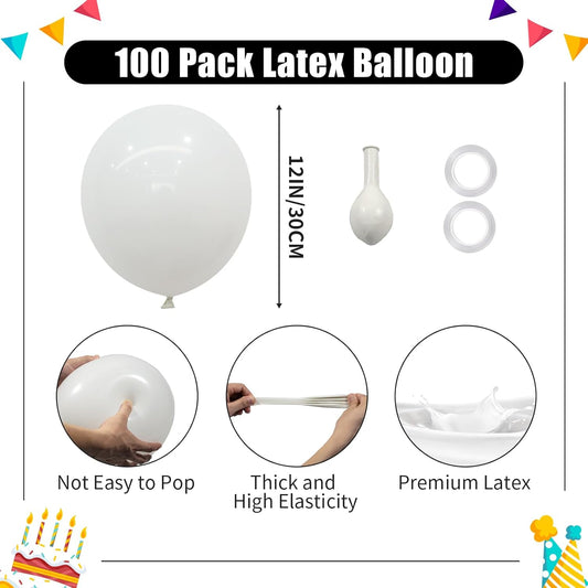 White Balloons - 12 inch 100pcs Latex - Round White Birthday Balloons with 2 Ribbons for Birthday Party, Wedding, Anniversary, Baby Shower Decorations