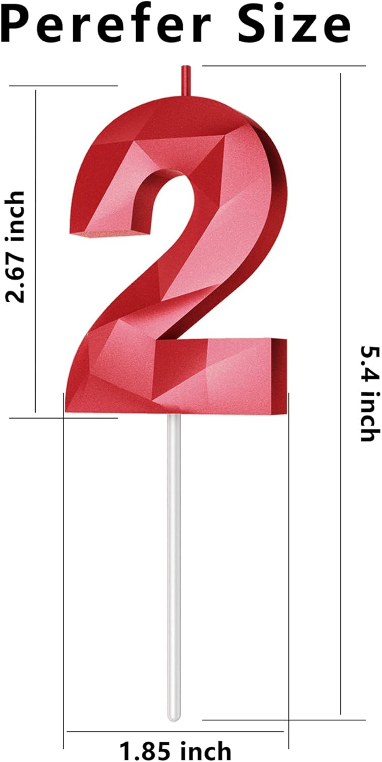 Number Birthday Candles(2 Candle Red) 3D Diamond Shape Number Happy Birthday Cake Candles for Birthday Party Wedding Decoration Reunions Theme Party