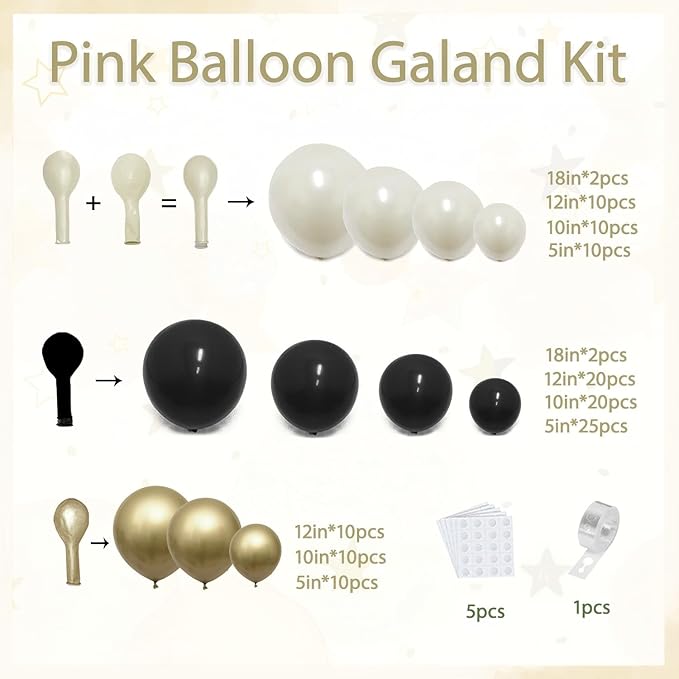 Black and Gold Balloon Arch Kit, Double Stuffed 129 Pcs Gold and Black Balloons Garland with Black Pearl White Sand Ivory Chrome Gold Balloons for Wedding Birthday Event New Year's Party Decoration