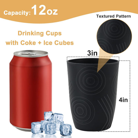 6 Pack Wheat Straw Cups 12 oz, Plastic Cups Reusable Drinking Cup, Small Kids Cup, Unbreakable Water Cup Set Dishwasher Safe for Kitchen, Camping, School (Black)