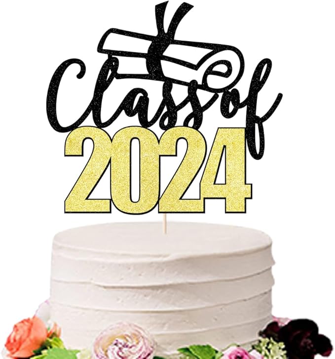 Class of 2024 Cake Topper - Congrats Grad Cake Toppers - Glitter Graduation Party Decorations