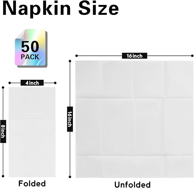 White Napkins Hand Towels Disposable, Linen-Feel Dinner Napkins with Prefolded Built-in Flatware Pocket, Guest Paper Hand Towels For Wedding, Dinner Or Party (16x16in, 50Pack）