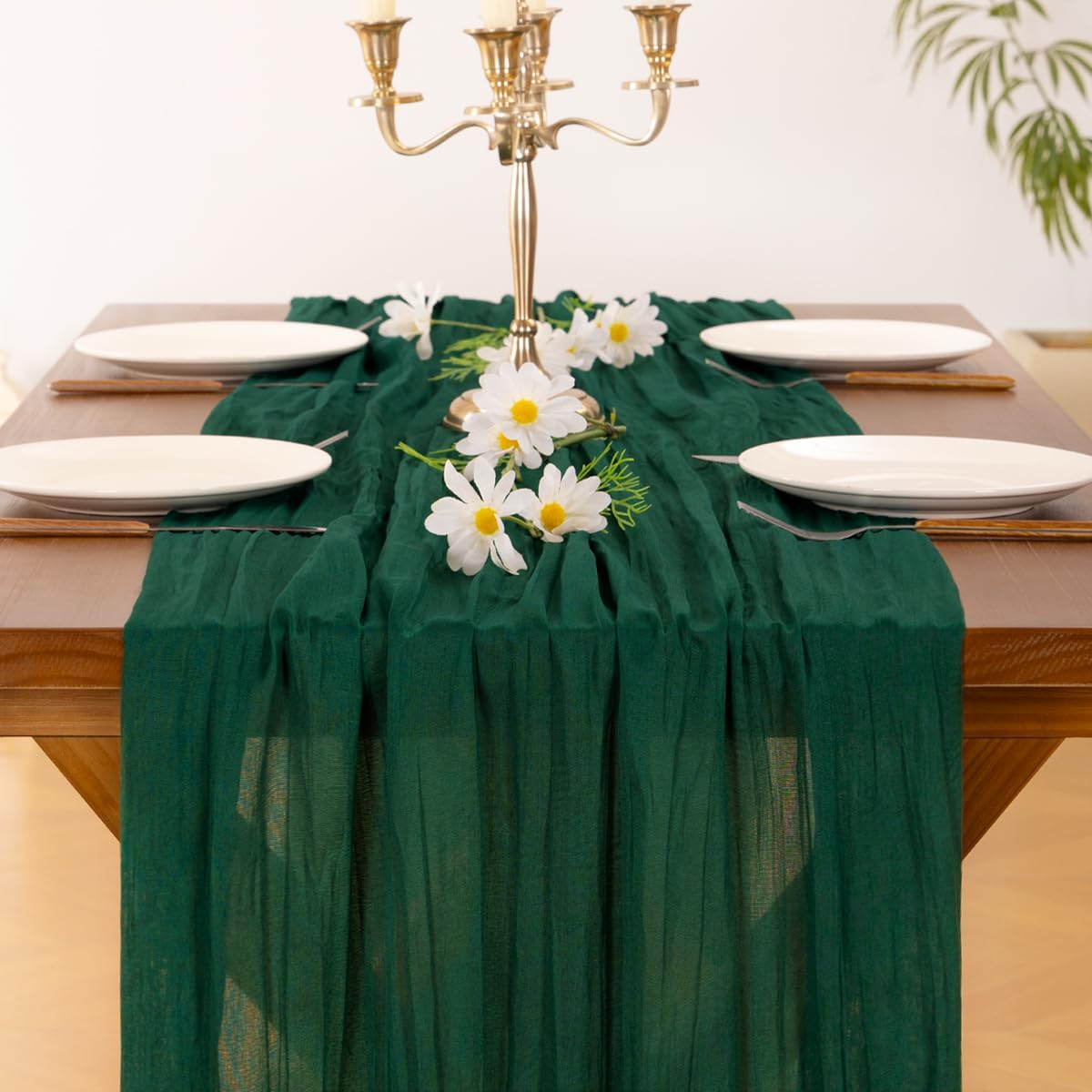 Socomi 10pcs Emerald Green Cheesecloth Table Runner Fall Thanksgiving Boho Rustic Gauze 120 inch 10FT Cheese Cloth Runner for Wedding Party Baby Shower Birthday Home Decor Holiday Decorations